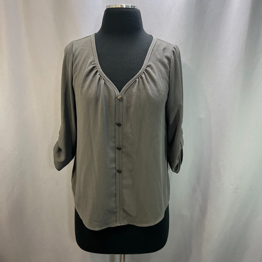 Mine Tunic Blouse Womens Small Charcoal Gray Stretch Roll Tab Sleeve Versatile